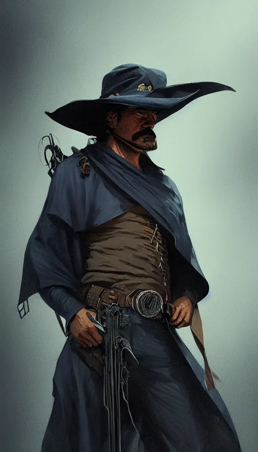 Prompt: misterious gaucho bandido commander, shady look, a raggy long poncho, magic the gathering, ready to shoot, intricate, highly detailed, digital painting, artstation, concept art, sharp focus, illustration, geometric dripped ink background, art by Artgerm, Grafit Studio, and Greg Rutkowski and Craig Mullins - W 700