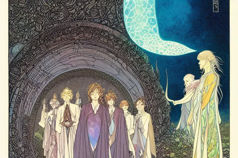 Prompt: a symmetrical!!! delicate mtg illustration by charles vess, rebecca guay and kawase hasui of a large group of people entering the glowing doorway of a massive vulva - shaped cosmic portal with a frame made of carved iridescent pearls and house - sized crystals of smooth and organic architecture floating in the astral plane