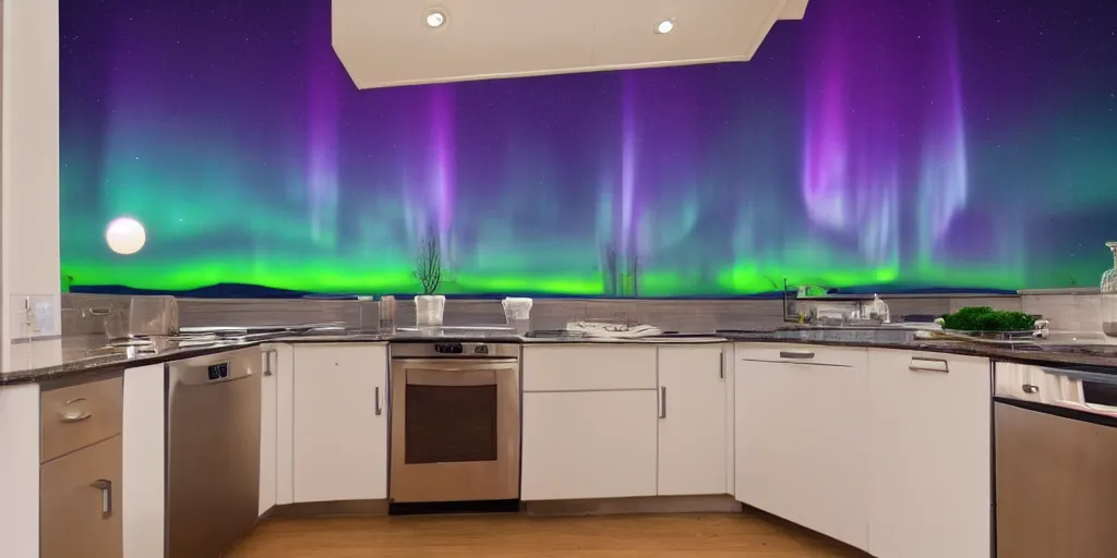 Prompt: aurora borealis in a kitchen