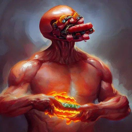 Prompt: doom eternal eating an hot dog, mutant in a shape of a burger, tubes fused with the body, painted by stanley lau, painted by greg rutkowski, painted by stanley, artgerm, masterpiece, digital art, trending on arts