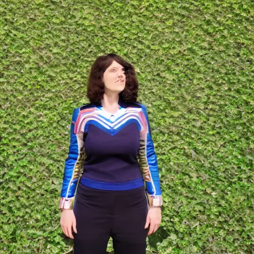 Prompt: photograph of a woman dressed in retro future space attire standing in front of a wall of vines