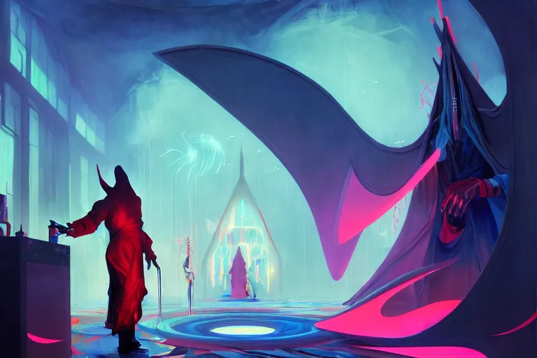 Image similar to a beautiful masterpiece painting of a technomancer wizard in robes with pointed hood battling his synthesized AI djinn in his laboratory near a computer by Remedios Varo and Anato Finnstark and Greg Rutkowski, dayglo pink, dayglo blue, dazzle camouflage, 8k, trending on ArtStation