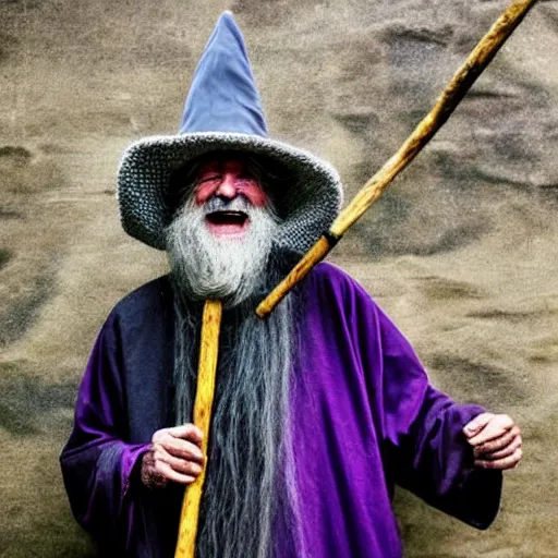 Image similar to a crazy old druid wizard, bald, bushy grey eyebrows, long grey hair, disheveled, wise old man, wearing a grey wizard hat, wearing a purple detailed coat, a bushy grey beard, yellow skin, holding a large wooden staff, sorcerer, he is a mad old man, laughing and yelling