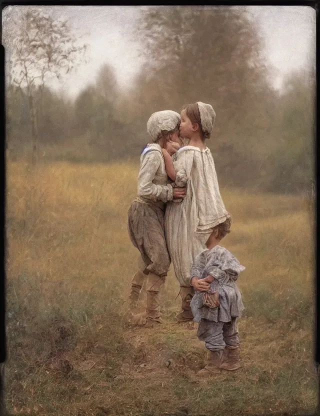 Image similar to peasant boy and girl first kiss, secretly on a village, Cinematic focus, Polaroid photo, vintage, neutral colors, soft lights, foggy, by Steve Hanks, by Serov Valentin, by lisa yuskavage, by Andrei Tarkovsky 8k render, detailed, oil on canvas