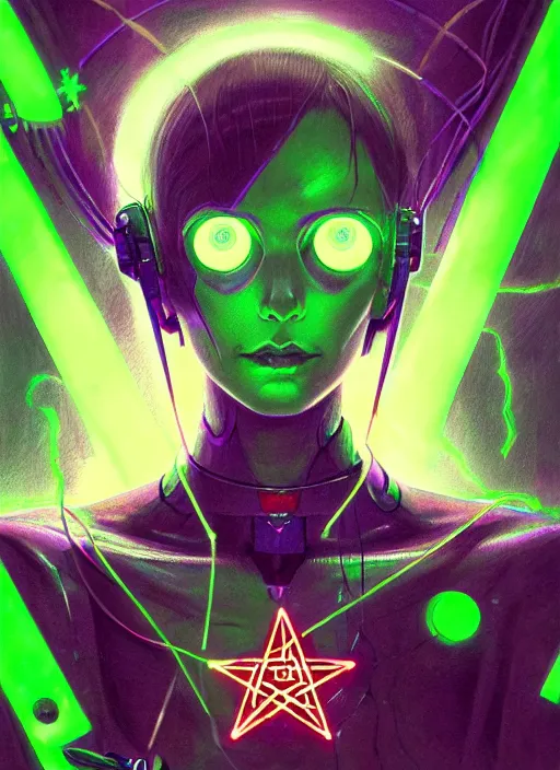 Image similar to portrait of cyberpunk inspired evangelion lady voidstar drawing a pentagram, runes, runic words, ancient evil letters, glowing green, intricate, elegant, glowing lights, highly detailed, digital painting, artstation, concept art, smooth, sharp focus, illustration, art by wlop, mars ravelo and greg rutkowski