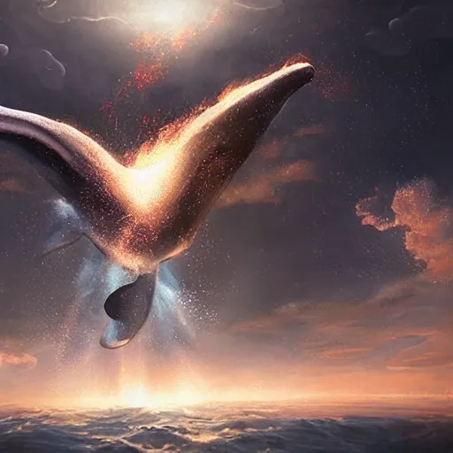 Image similar to a giant flying whale shooting fireballs from it's mouth, extreme detail, matte painting, trending, fine art