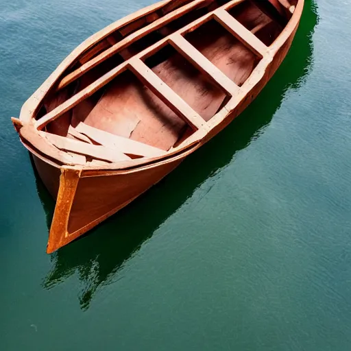 Prompt: photo of a rowboat from above in the style of Alison Shaw