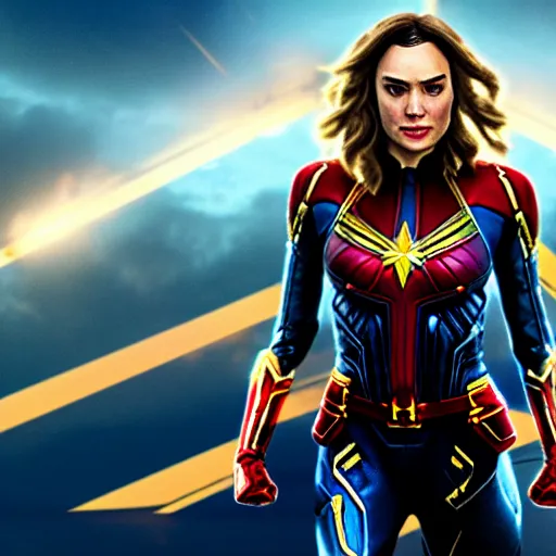 Image similar to a potrait of gal gadot as Captain Marvel by Zack Snyder, 8k photorealistic, cinematic lighting, HD, high details, dramatic, trending on artstation, view from above, dark atmosphere,