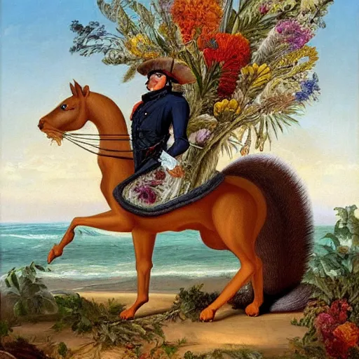 Image similar to a giant squirrel!!!! carrying napoleon bonaparte on its back, beach scene with flowers and foliage, detailed oil painting