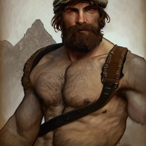 Image similar to portrait of a rugged ranger, muscular, upper body, hairy torso, D&D, fantasy, intricate, elegant, highly detailed, digital painting, artstation, concept art, smooth, sharp focus, illustration, art by alphonse mucha