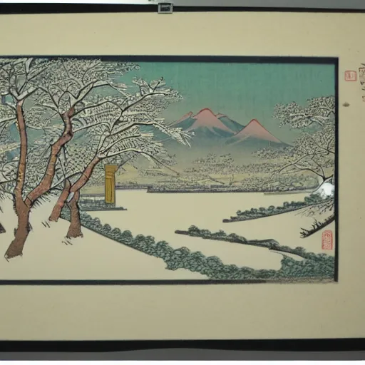 Prompt: late meiji period, colored woodblock print, white winter landscape