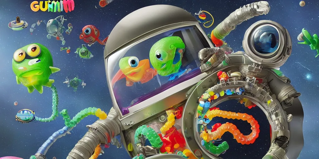 Image similar to a 3 d rendered movie still a gummi worm descendant 1 million years from now. gummi worm wears a spacesuit, and explores cosmos in a super awesome space ship. science fiction blockbuster movie gummi worms rule the world or my stepmom is a gummie worm from space, imax 7 0 mm. silent running