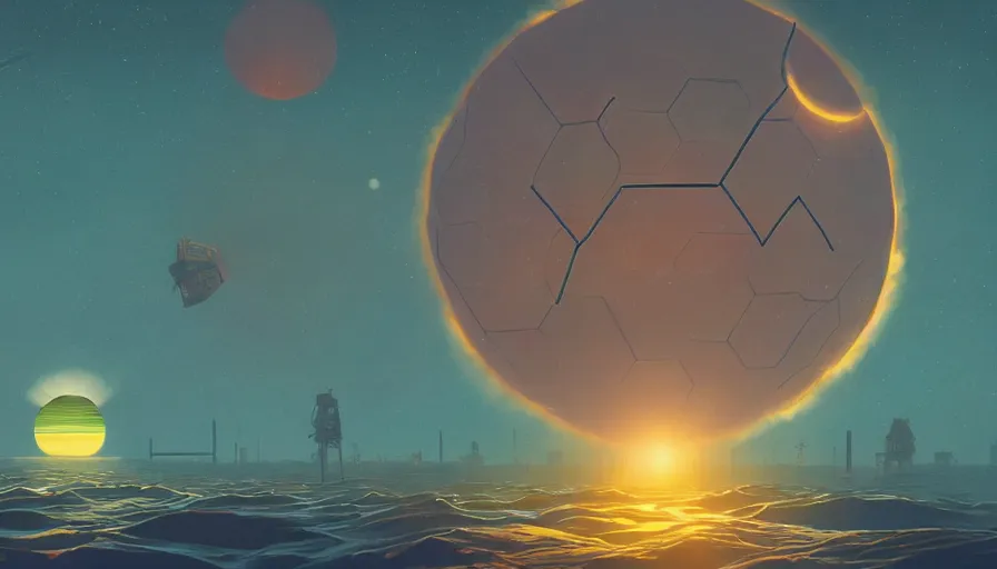 Prompt: hexagon floating in front of the sun in space, planet earth in foreground, simon stalenhag