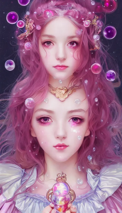 Image similar to portrait of magical lolita girl, dreamy and ethereal, expressive pose, big pink eyes, exciting expression, fantasy, intricate, elegant, many rainbow bubbles, rose tones, highly detailed, digital painting, artstation, concept art,cyberpunk wearing, smooth, sharp focus, illustration, art by artgerm and greg rutkowskiand alphonse mucha