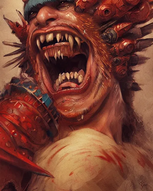 Prompt: portrait of a screaming spanish conquistador by filipe pagliuso and justin gerard, symmetric, detailed, intricate, digital painting, princess mononoke color scheme, masterpiece, sharp focus