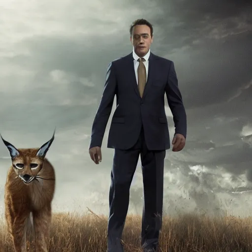 Image similar to A beautiful scene from a 2020 sci-fi film featuring a humanoid caracal wearing a suit. Detailed, photorealistic special effects.