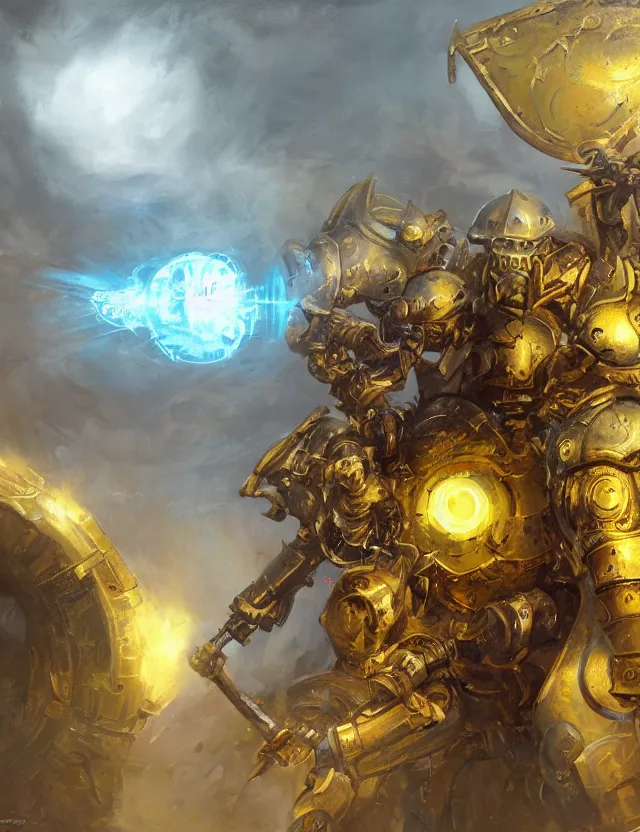 Prompt: full body, attack position Victor Nizovtzev and Marc Simonetti painting in lush fantasy environment of a ornate holy mechanical warforged with circular glowing eye, character in yellow armor holding a legendary paladin engraved holy great longsword and carrying a huge heavy paladin shield, vertically flat head, face in focus, epic , trending on ArtStation, masterpiece, cinematic lighting