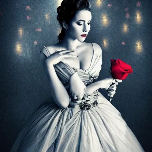 Image similar to a beautiful woman in a dress holding a rose against the backdrop of a dark night. she looks like a queen from ancient times.