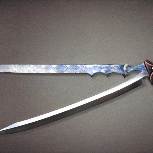 Image similar to A huge two-handed sword with a wavy blade and large cross guard, nearly six feet long. The blade has a faint blue sheen, and radiates a sense of unease. Photorealistic