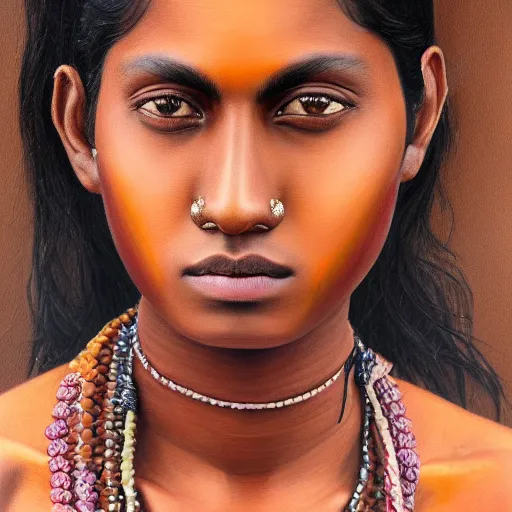 Image similar to A portrait of a thin trendy and gorgeous non-binary person, dark skin tone, Indian, oil painting, majestic, detailed, high resolution