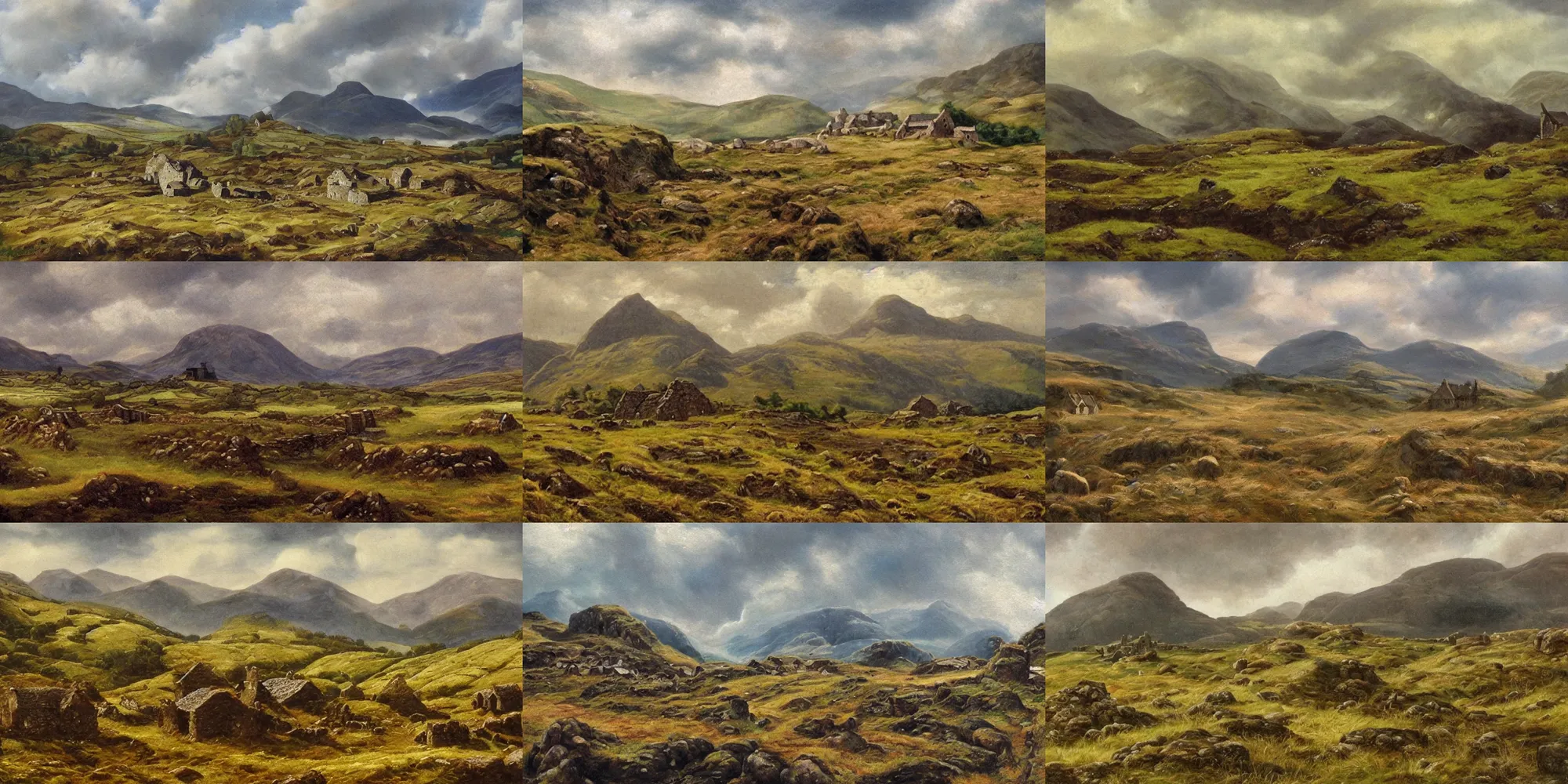 Prompt: landscape of ancient scotland during the age of the celtic picts with a small celtic pict village fenced neolithic village during late antiquity. scottish mountains and hills, cloudy and mystical, epic painting