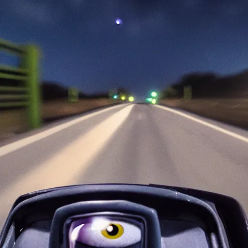 Prompt: dashcam footage of a minion looking directly to the camera at night