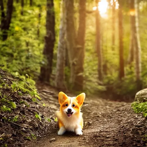 Prompt: 8k highly detailed photograph of a happy gnome riding the most adorable Corgi Puppy, on a forest hiking trail golden hour,