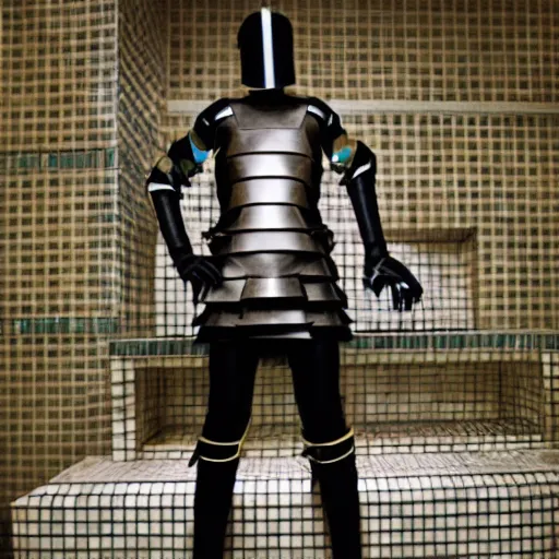 Image similar to a paladin wearing issey miyake armor in a bathroom, portrait, fashion photography, by mario testino, davide sorrenti, jemal shabazz