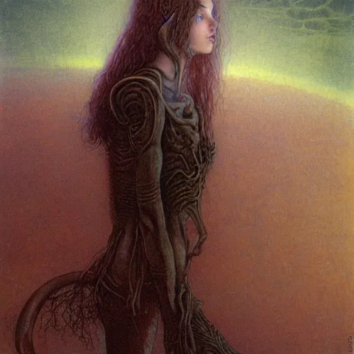 Image similar to cute young vampire tomboy girl with short short short dark hairs on lovecraftian planet by jean delville by luis royo and wayne barlowe, beksinski