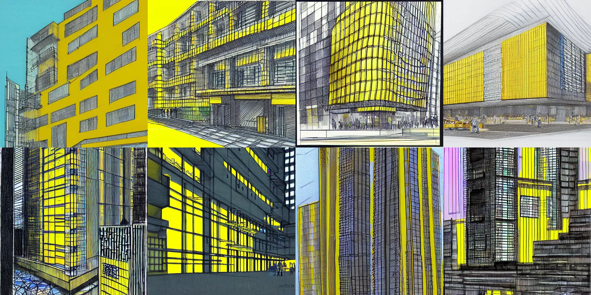 Prompt: architectural perspective sketch of facade of the cyberpunk japanese in yellow background, norman foster, pastel color, extremely detailed, architecture drawing, drawing, line drawing, pastel colo