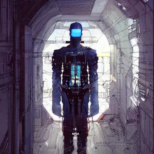 Image similar to Digital portrait of a cyborg from Ghost in the machine by Enki bilal and Moebius and Salvator dali, cyberpunk, impressive perspective, aesthetic, masterpiece