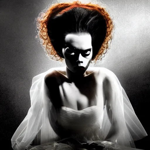 Image similar to emma stone as the bride of frankenstein, bride of frankenstein hair, universal, movie, photography, portrait, beautiful,