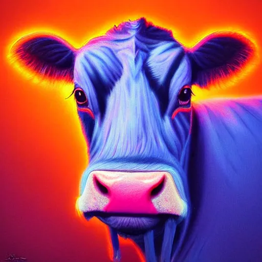 Prompt: digital painting of a guernsey cow by filipe pagliuso and justin gerard, symmetric, neon colours, highly, detailed, realistic, intricate