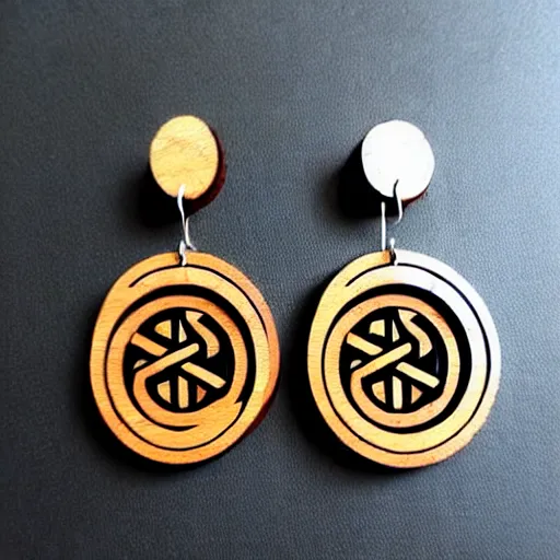 Image similar to 2 d wood lasercut earrings, mystical symbols, 8 k, hd, trending on amazon on artstation, trending on deviantart, trending on etsy, epic digital art