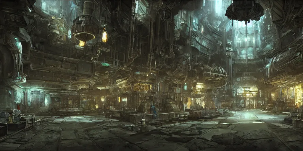 Prompt: an environmental concept art, interior of midgar, final fantasy vii, highly detailed, environmental light, cinematic by francis tneh