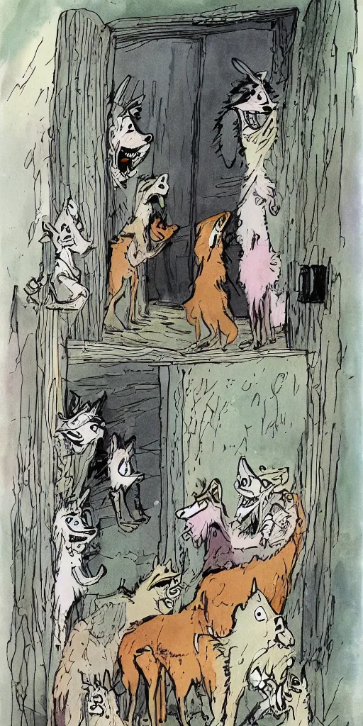 Image similar to wolves at the door by Quentin Blake