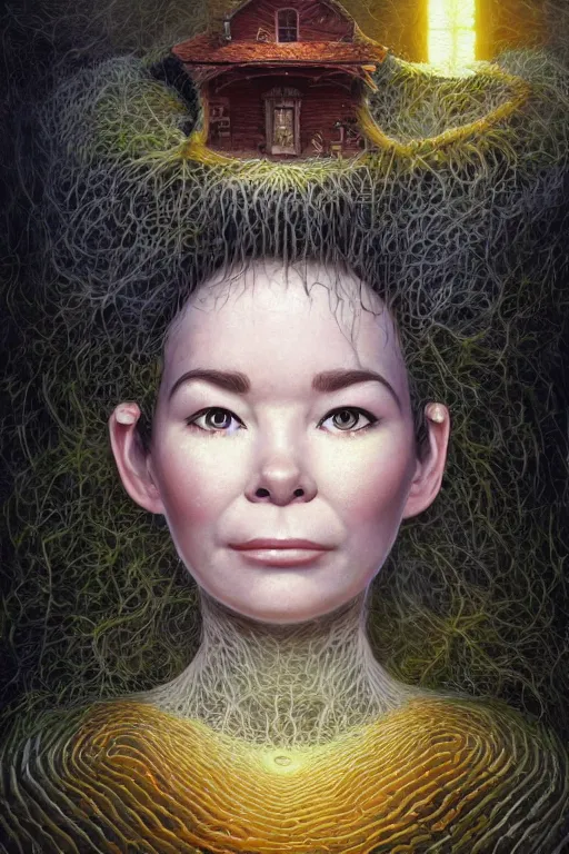 Image similar to 2 0 year old bjork portrait by hubert robert and lee madgwick and roger dean and jacek yerka, dan mumford and alex grey style, soft lighting, 4 k hd wallpaper illustration concept joy atmospheric lighting