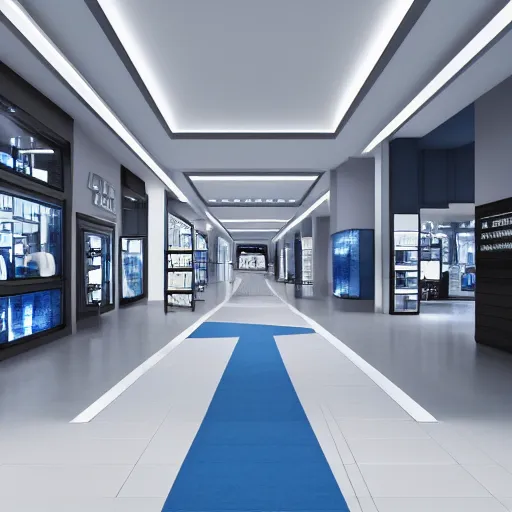 Image similar to interior design of a shopping mall, modern minimal design, blue and grey color scheme, photorealist, 4 k