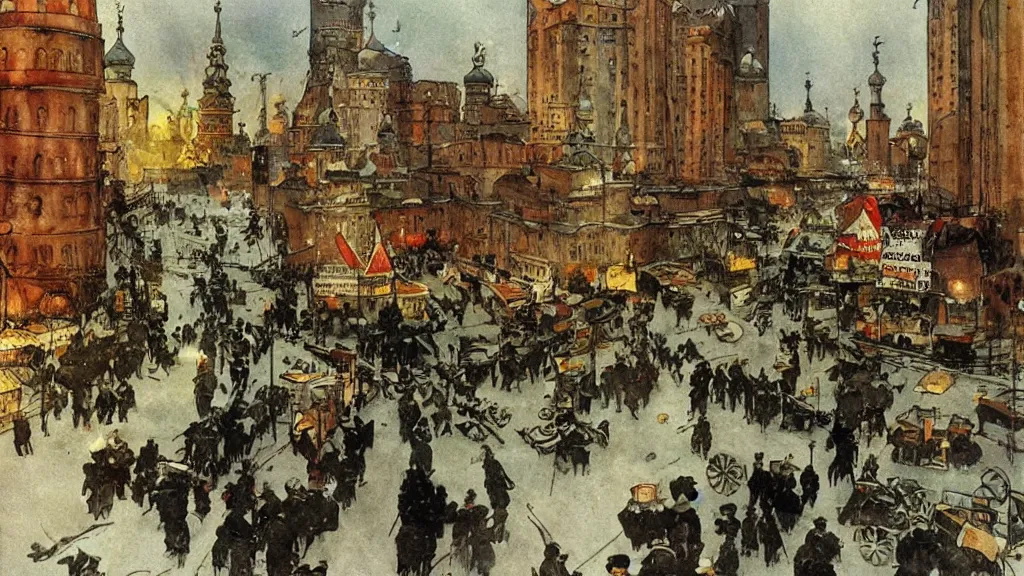 Image similar to russian revolution dieselpunk 1 9 1 0 cityscape, painting by carl larsson