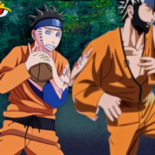 Prompt: Naruto playing basketball with Shia Labeouf, epic, sports