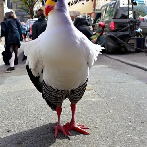 Prompt: anthropomorphic carrier pigeon cosplaying as jim carrey