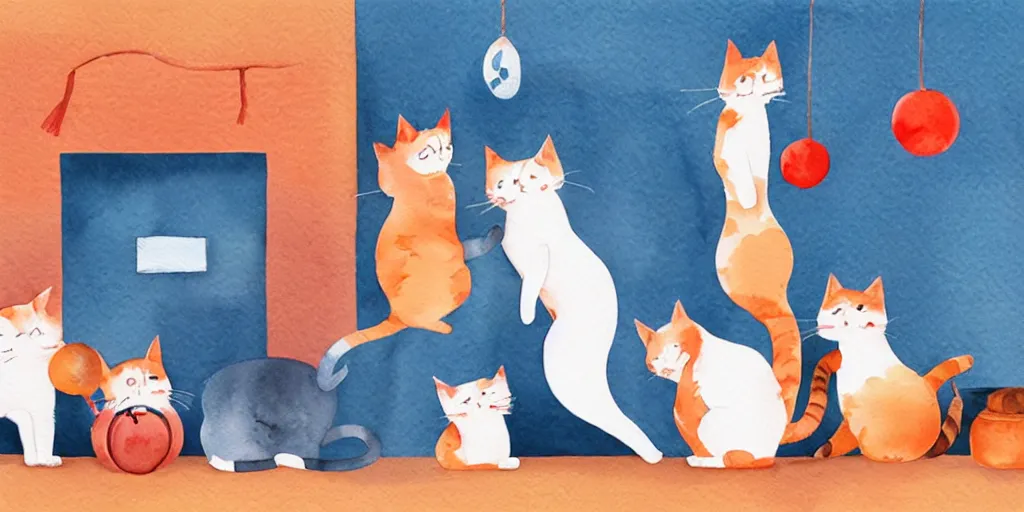 Image similar to watercolor illustration style, cute cats training in cat gym club