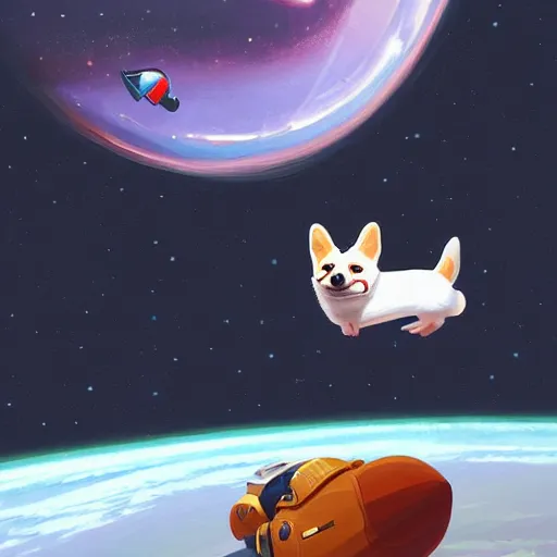 Prompt: a corgi astronaut flying through space, smiling, cute, detailed digital painting by simon stalenhag