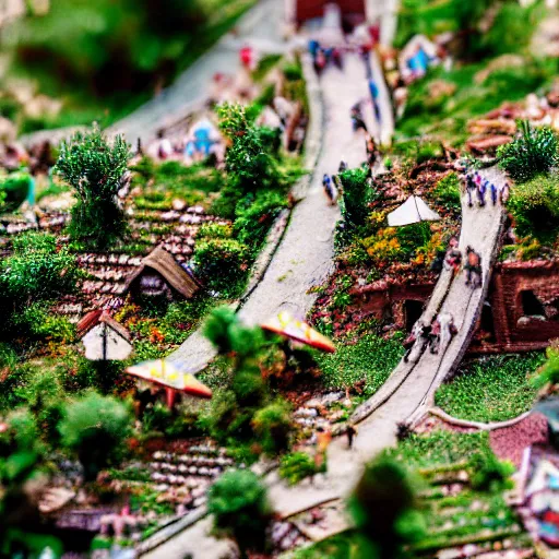 Prompt: macro photo of a miniature secret hidden world with tiny buildings and people invaded by giant ants