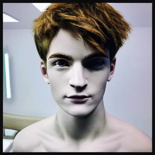 Prompt: “a realistic detailed photo of a guy who is an attractive humanoid who is half robot and half humanoid, who is a male android, twitch streamer Ninja Tyler Blevins, shiny skin, posing like a statue, blank stare, bedroom, close up”