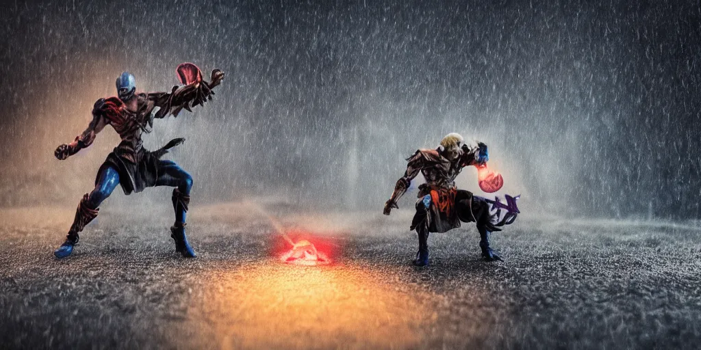 Image similar to skeletor fighting he - man, fog on the ground, heavy rain, lightning, moody lighting, shallow depth of field,