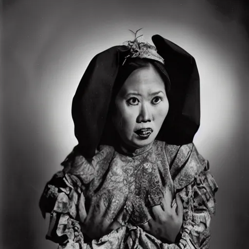 Prompt: A Filipino woman wearing demonic clothes, portrait, by Philippe Halsman