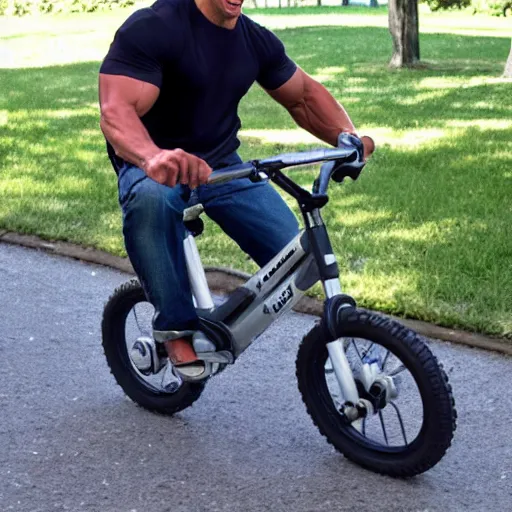 Prompt: the rock riding on a kids bike