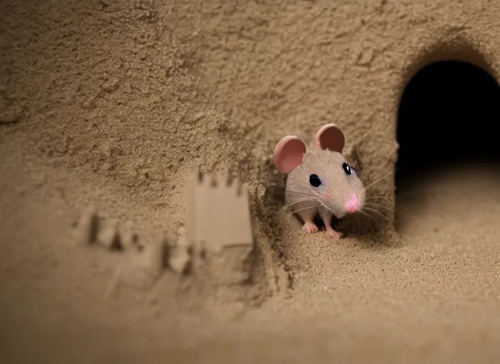 Image similar to dslr photo still of a mouse inside a sand castle, 8 k, 8 5 mm f 1. 4