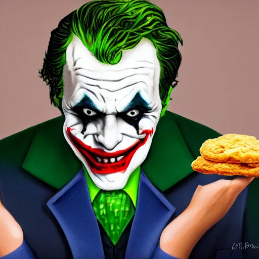 Prompt: professional portrait of the joker eating a buttermilk biscuit, 8k, detailed, photorealistic,